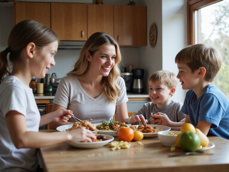 Šťastná rodina s dětmi a zdravým jídlem
